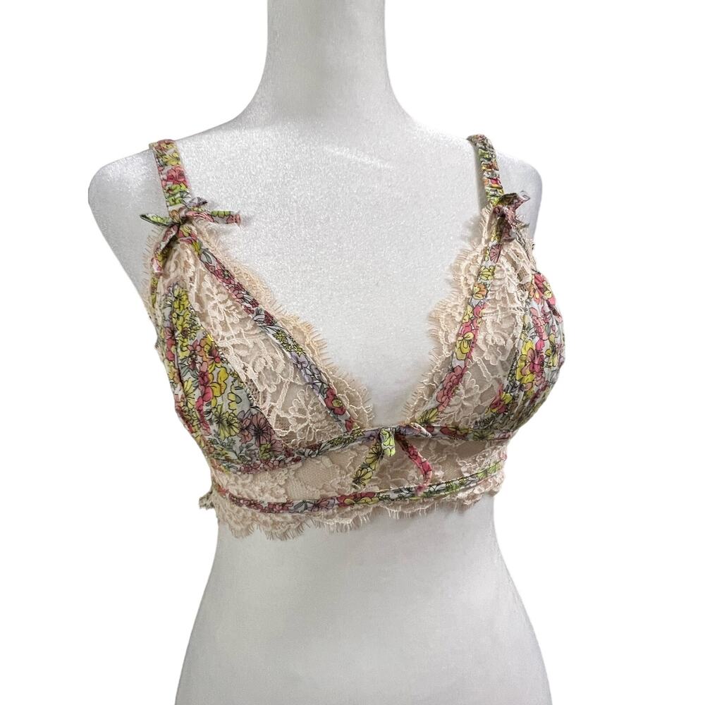 For Love and Lemons Calico Prairie Floral and Lace Print Boho‎ Cottagecore Bra S